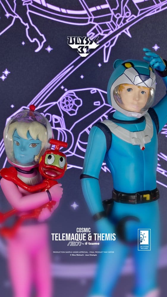 Close-up of Telemachus in blue space suit with Themis and the red robot, Tsume NEON figure