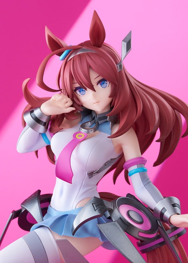 Close-up of Mihono Bourbon's face, horse ears and pink tie on the Pop Up Parade SP figure