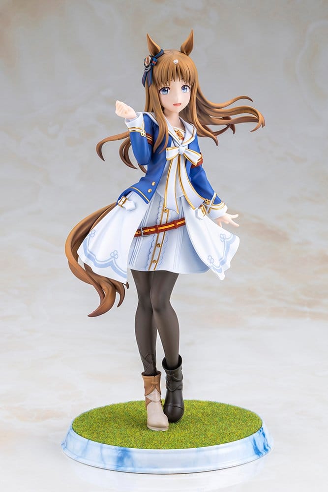 Grass Wonder 1/7 figure front view in blue, white and red racing outfit on marble backdrop