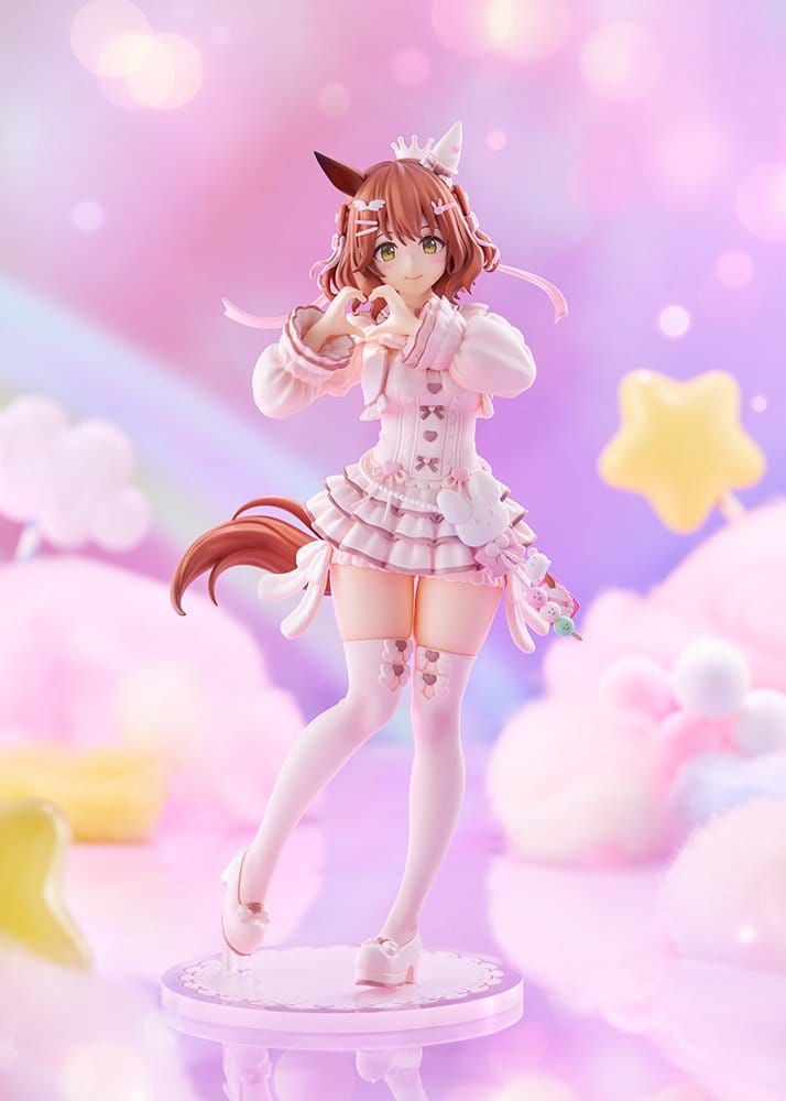 Umamusume Aston Machan figure in pink candy outfit, full view on a pastel cloud backdrop