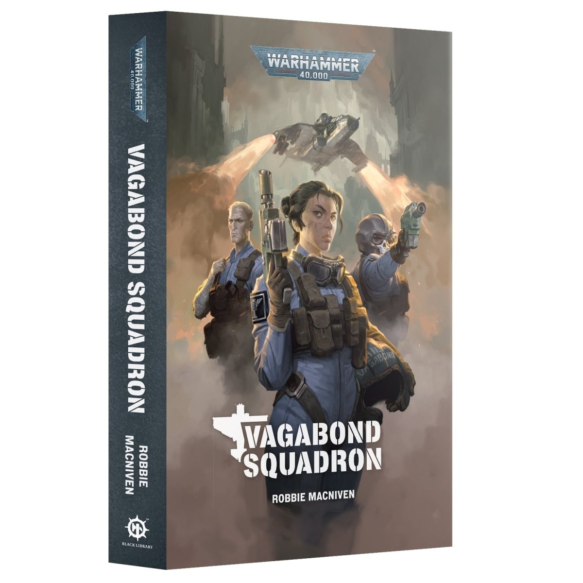Book titled 'Vagabond Squadron' by Robbie MacNiven with a cover featuring characters and the Warhammer 40,000 logo.