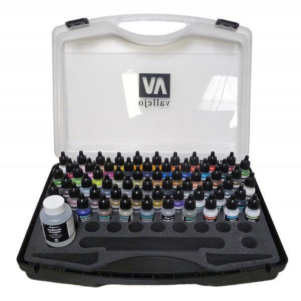 Vallejo Game Air Box Set carry case holding 47 airbrush paint bottles and airbrush cleaner