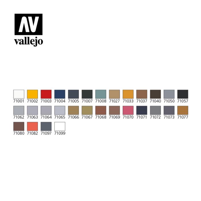 Vallejo Model Air Basic Colours colour chart showing the 29 paint shades in the set