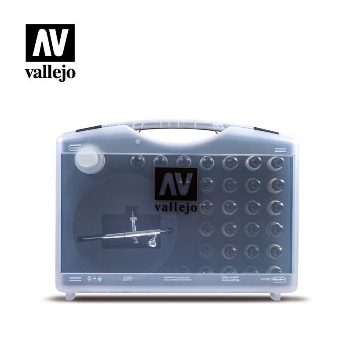 Vallejo Model Air Basic Colours and Airbrush Set closed clear carry case with airbrush inside