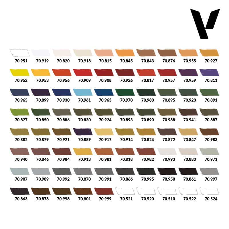Vallejo Model Color Basic Case colour chart showing all 80 paint shades
