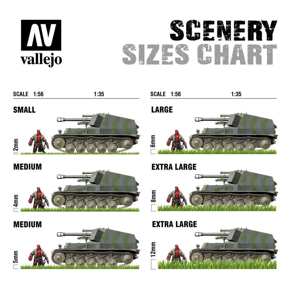 Vallejo scenery sizes chart comparing small to extra large tufts against 1:56 and 1:35 models