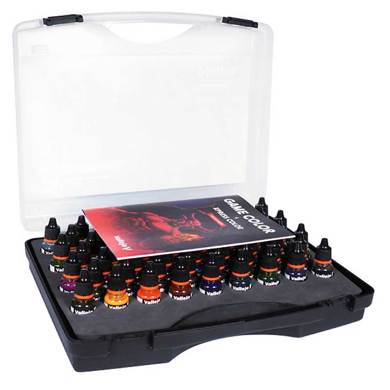 Vallejo Xpress Color Artist's Selection Case open, showing rows of dropper bottles and a leaflet