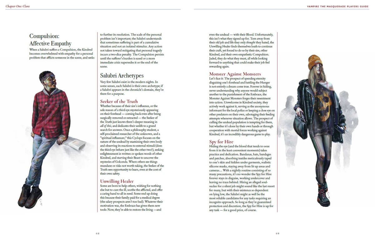 Vampire: The Masquerade Players Guide interior spread with character illustrations and rules text