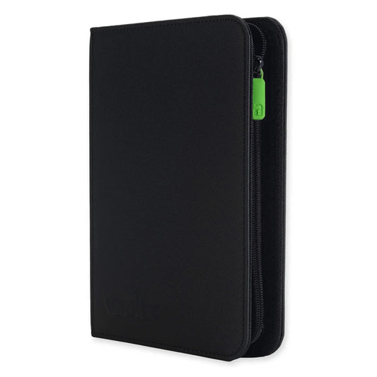 Black zippered pouch with a green zipper pull on a white background