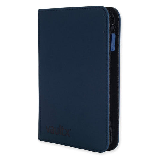 Navy blue zippered trading card binder with 'Vulpix' branding on a white background
