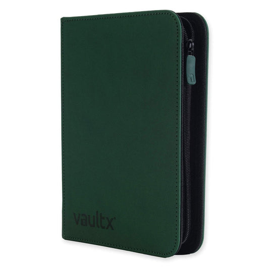 Green zippered trading card binder with 'vaultx' branding on a white background