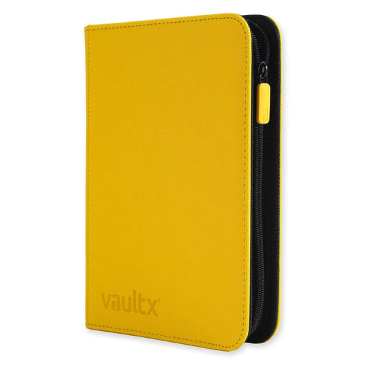 Yellow zippered trading card binder with 'vaultx' branding on a white background