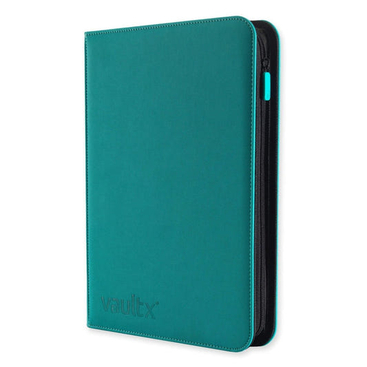 Teal zippered case with 'vaultx' branding on a white background