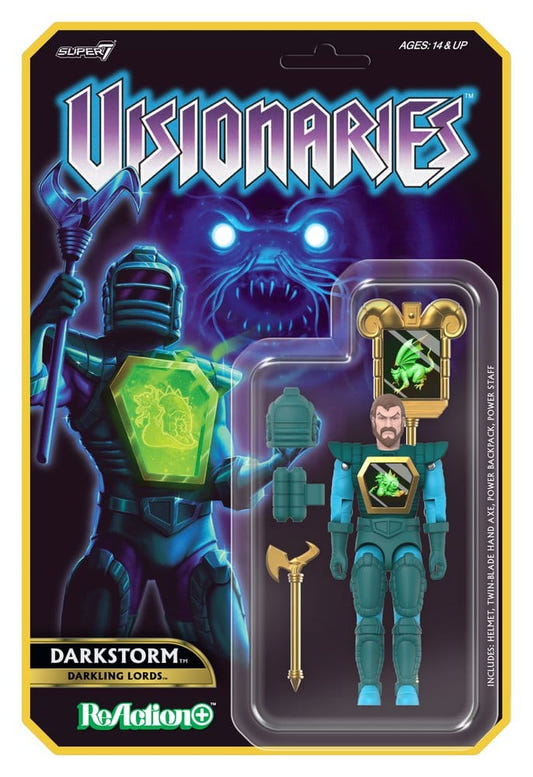Super7 Visionaries Darkstorm ReAction+ figure on blister card with glowing card art
