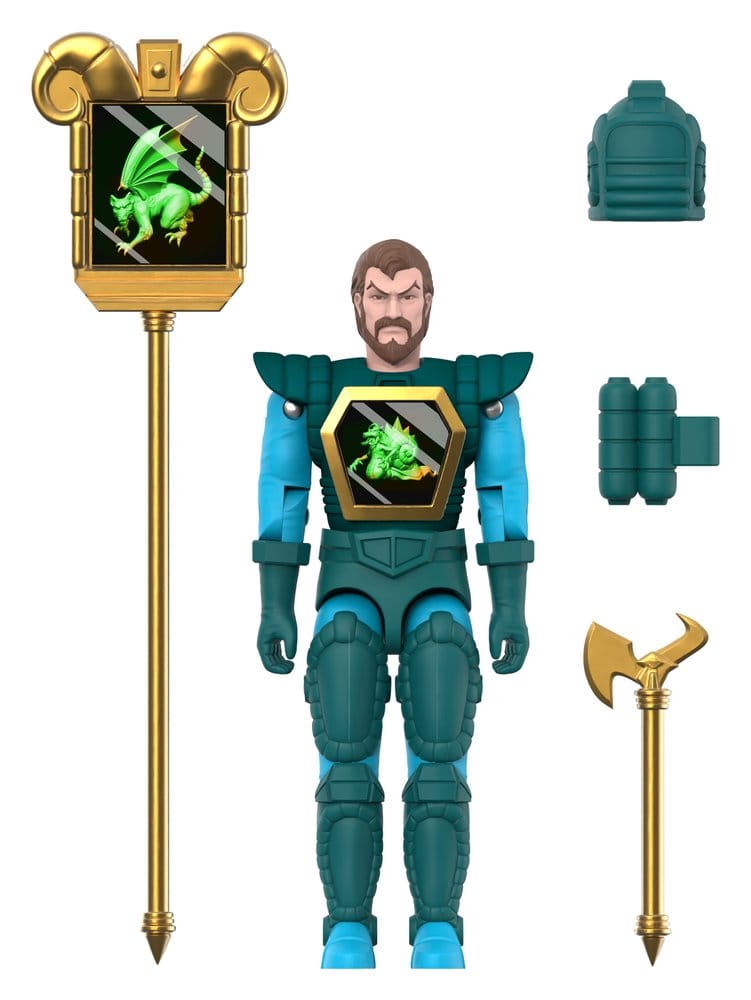 Darkstorm ReAction+ figure in teal armour with hologram staff, axe and spare armour pieces