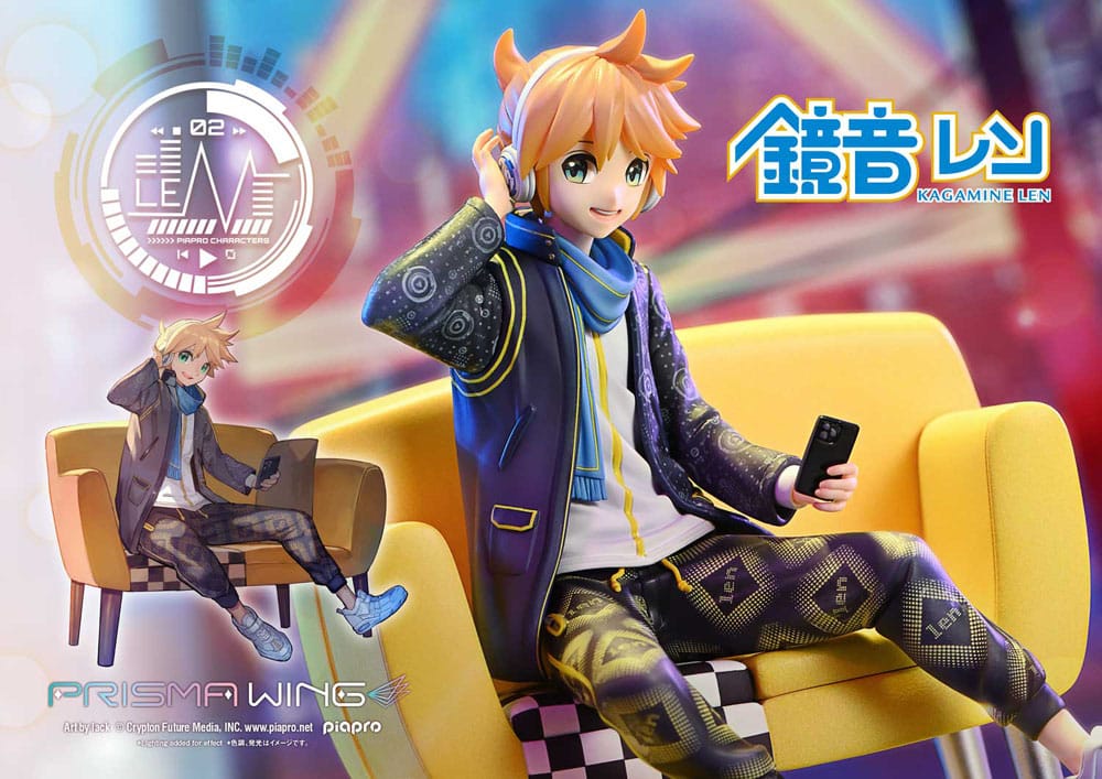 Kagamine Len Prisma Wing statue in techwear and blue scarf on a neon stage backdrop