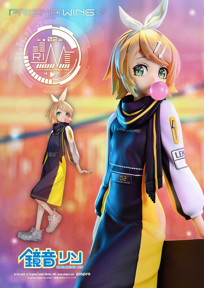 Kagamine Rin Prisma Wing statue blowing a bubblegum bubble, close-up on a neon backdrop