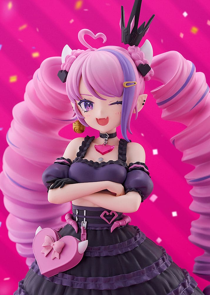 Close-up of the Ironmouse figure winking with arms crossed and heart-shaped bag, pink backdrop
