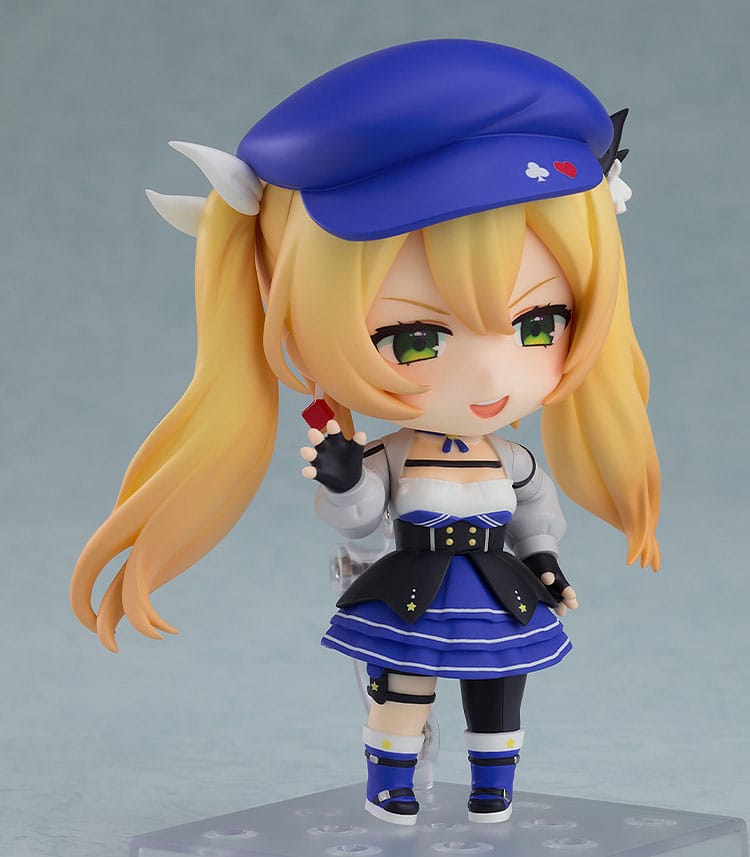 Front view of the Dokibird Nendoroid in blue and white outfit with a smug smiling face