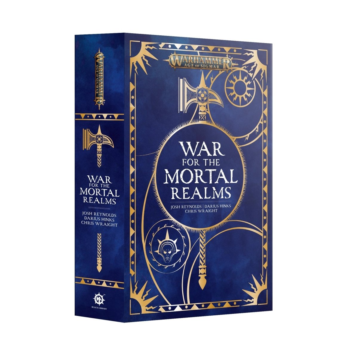 War for the Mortal Realms omnibus paperback, blue Age of Sigmar cover with gold sigil artwork