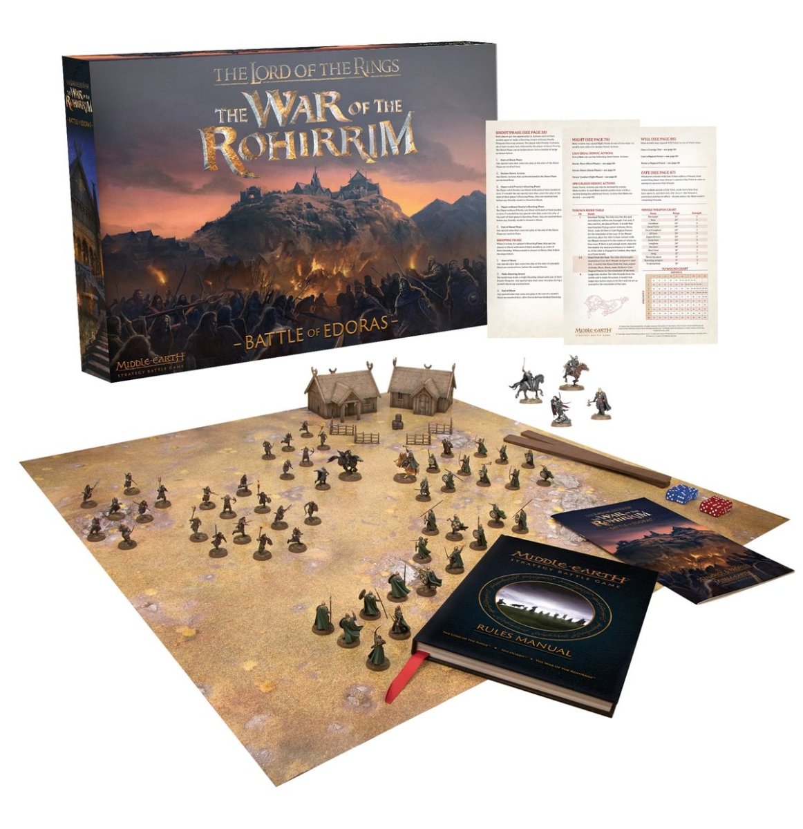 Battle of Edoras box contents laid out: armies, play mat, Rohan houses, rules books and accessories
