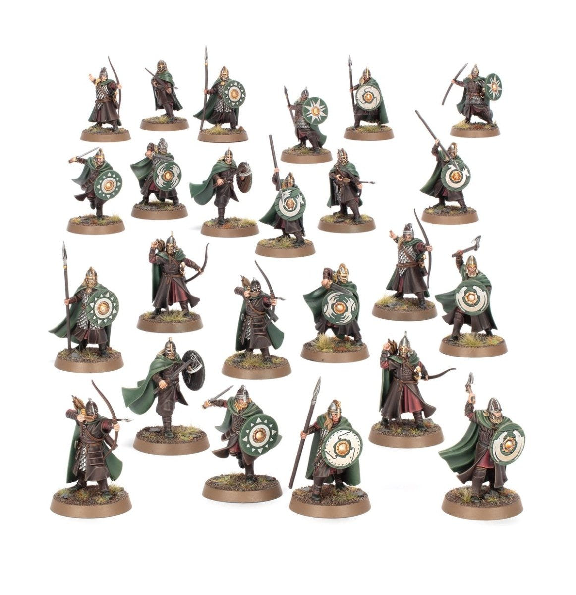Painted Warriors of Rohan from Battle of Edoras with green cloaks, round shields and spears