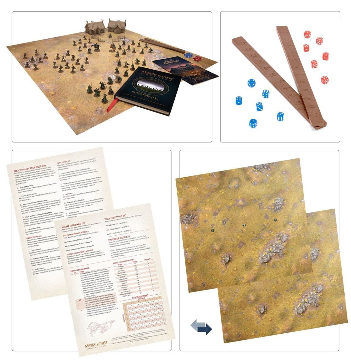 Battle of Edoras play mat, range ruler, dice and quick reference sheets from the box