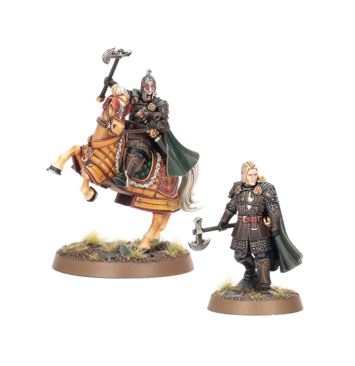 Painted Rohan hero mounted on an armoured horse with axe, beside a blond warrior on foot