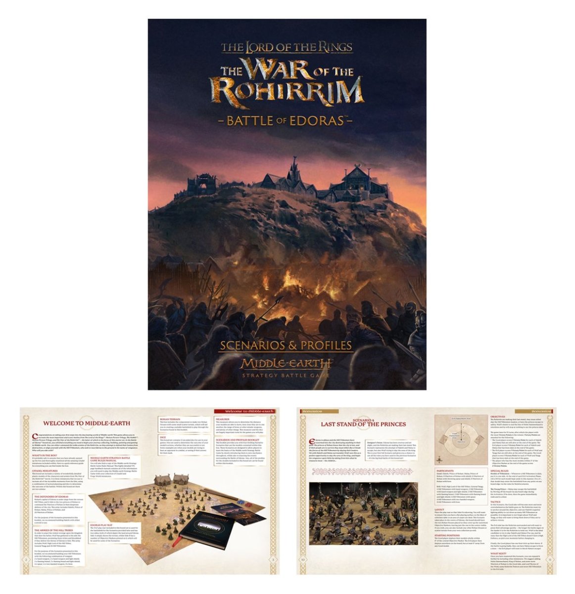 War of the Rohirrim Battle of Edoras scenario booklet cover and sample interior pages