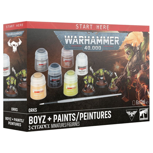 Warhammer 40,000 Boyz + Paints / Peintures kit box, showing the retail packaging with illustrated miniatures, paint bottles, and a brush on a white background.