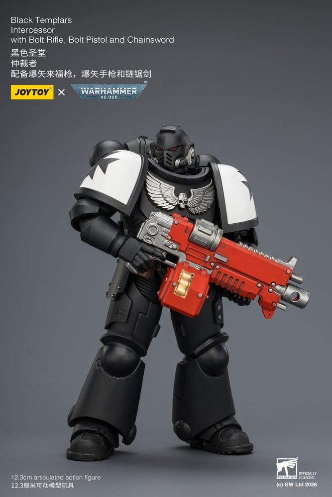 JoyToy Warhammer 40,000 Black Templars Intercessor figure aiming bolt rifle to the side, on grey promo card