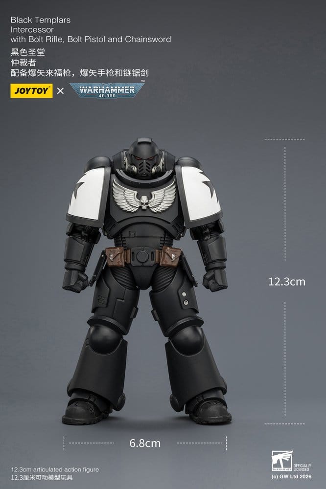 JoyToy Warhammer 40,000 Black Templars Intercessor figure with 12.3 cm by 6.8 cm size markings, on grey