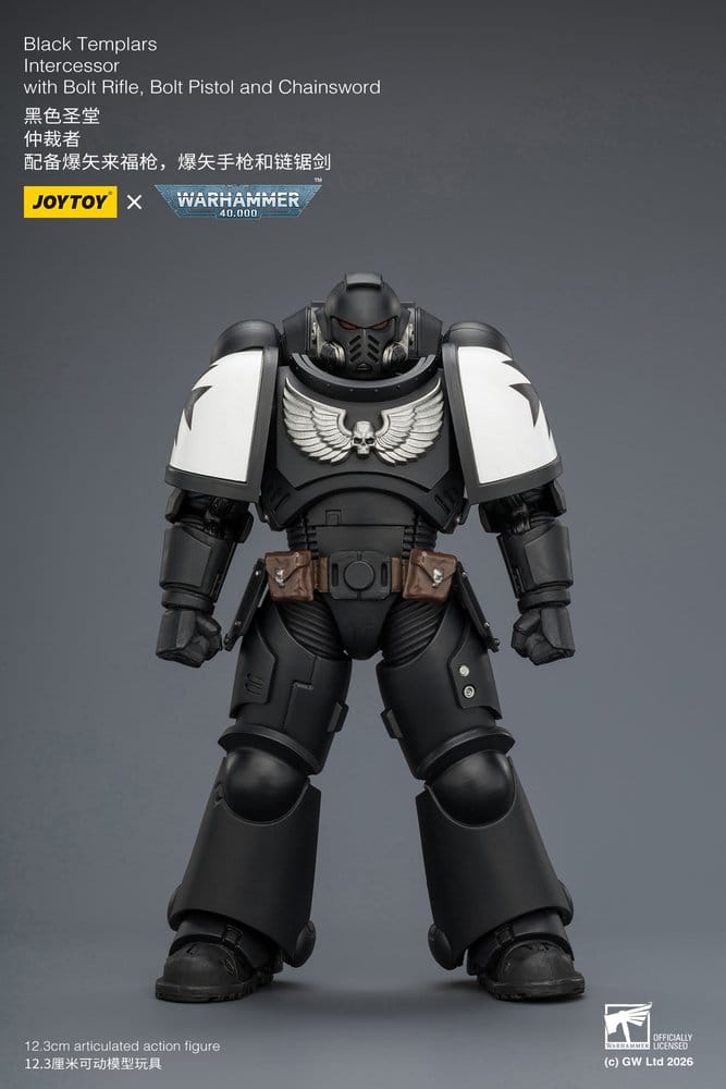 JoyToy Warhammer 40,000 Black Templars Intercessor figure, front view on grey promo card