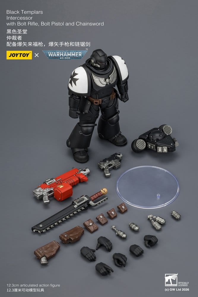 JoyToy Warhammer 40,000 Black Templars Intercessor figure with weapons and accessories laid out, on grey