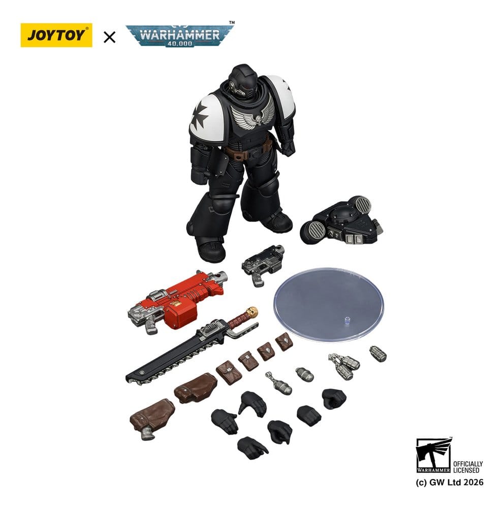 JoyToy Warhammer 40,000 Black Templars Intercessor figure with bolt rifle, chainsword, stand and parts laid out