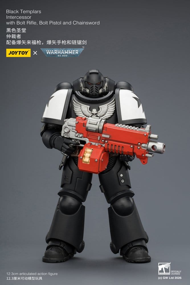 JoyToy Warhammer 40,000 Black Templars Intercessor figure holding red bolt rifle, on grey promo card