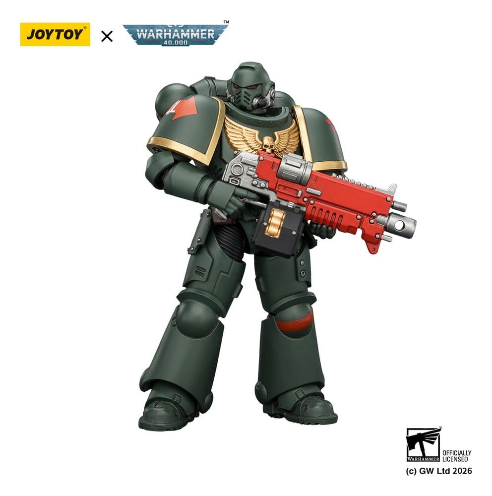 JoyToy Warhammer 40,000 Dark Angels Intercessor figure holding red bolt rifle at the ready, on white