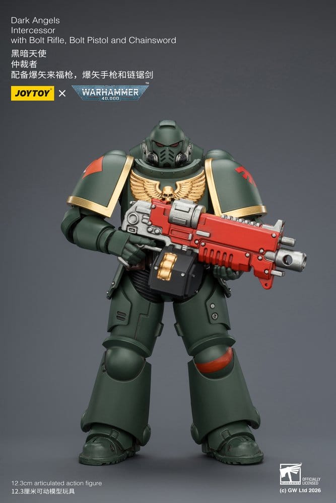 JoyToy Warhammer 40,000 Dark Angels Intercessor figure holding red bolt rifle, on grey promo card