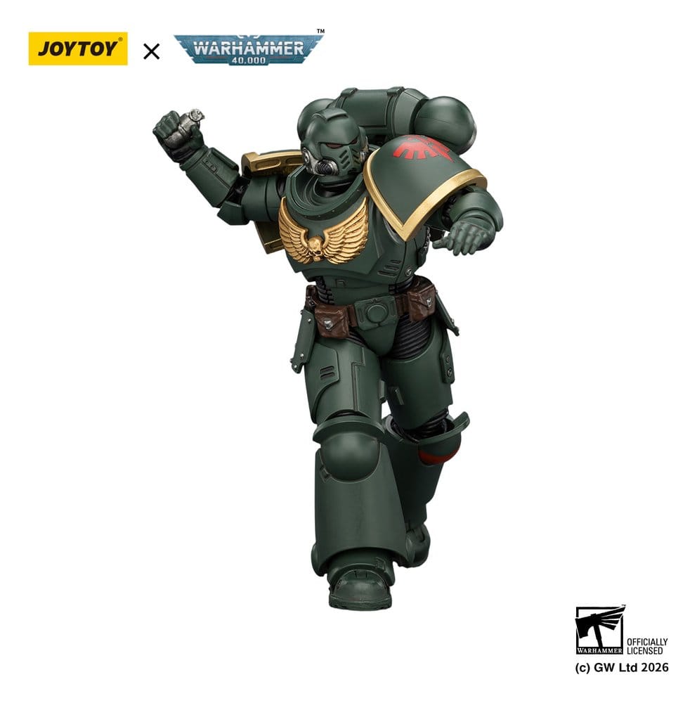 JoyToy Warhammer 40,000 Dark Angels Intercessor figure, striding pose with fist raised, on white