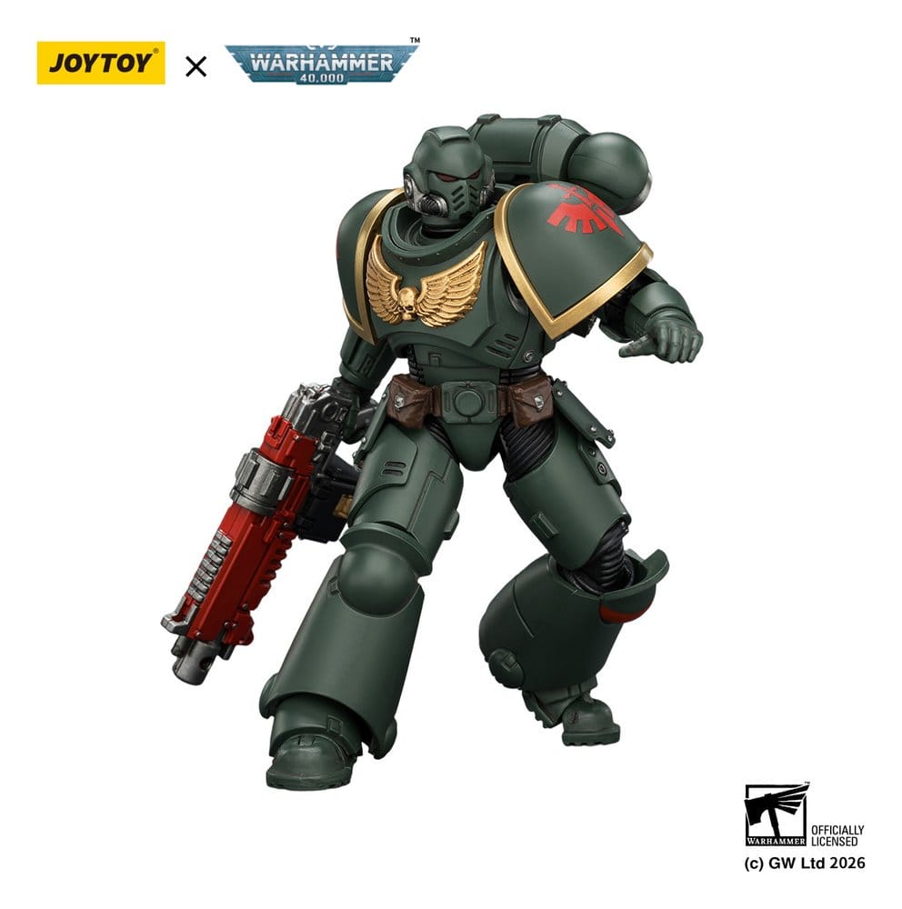 JoyToy Warhammer 40,000 Dark Angels Intercessor figure advancing with red bolt rifle lowered, on white