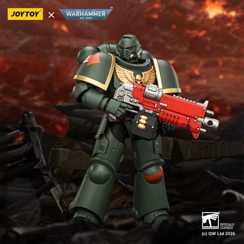 JoyToy Warhammer 40,000 Dark Angels Intercessor figure with bolt rifle on a fiery battlefield backdrop