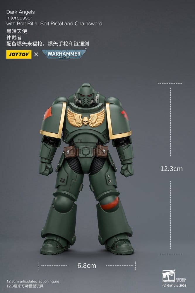 JoyToy Warhammer 40,000 Dark Angels Intercessor figure with 12.3 cm by 6.8 cm size markings, on grey