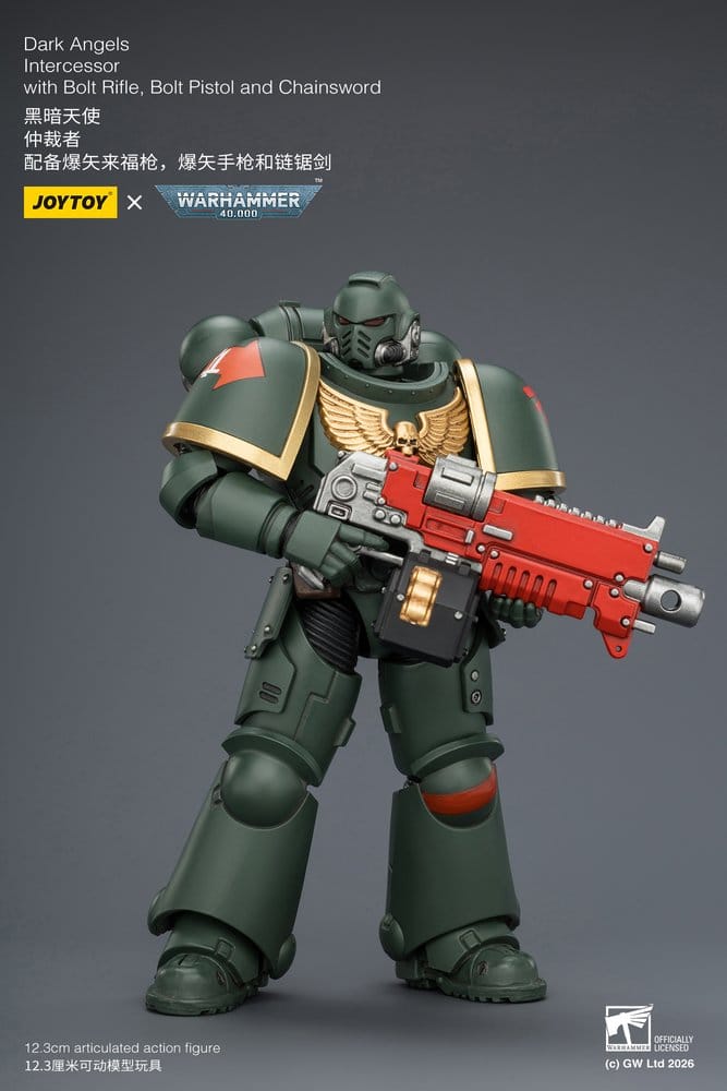 JoyToy Warhammer 40,000 Dark Angels Intercessor figure aiming bolt rifle to the side, on grey promo card