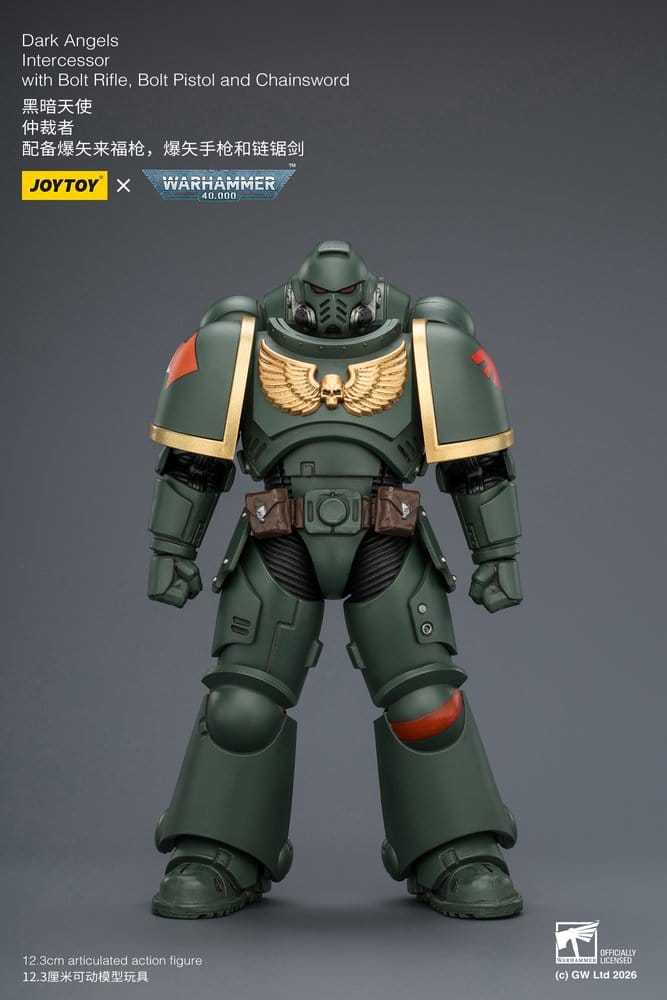 JoyToy Warhammer 40,000 Dark Angels Intercessor figure, front view on grey promo card