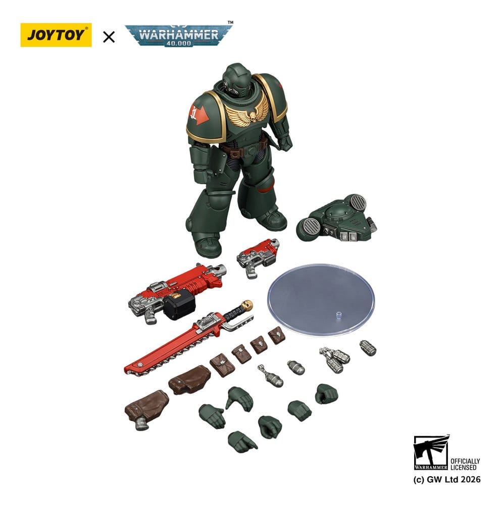 JoyToy Warhammer 40,000 Dark Angels Intercessor figure with bolt rifle, chainsword, stand and parts laid out