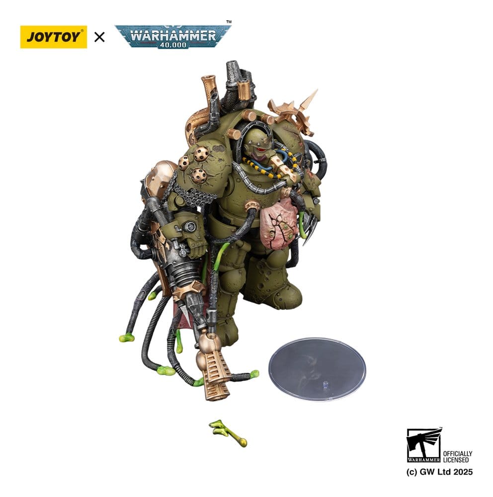 JoyToy Warhammer 40,000 Death Guard Lord of Virulence figure with spewer, stand and spare parts, on white