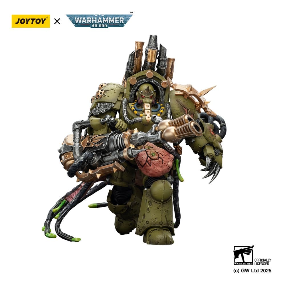 JoyToy Warhammer 40,000 Death Guard Lord of Virulence figure, firing pose side view, on white