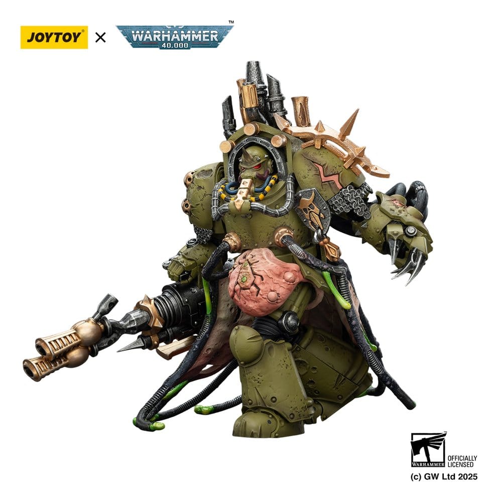 JoyToy Warhammer 40,000 Death Guard Lord of Virulence figure aiming plague spewer, power fist out, on white