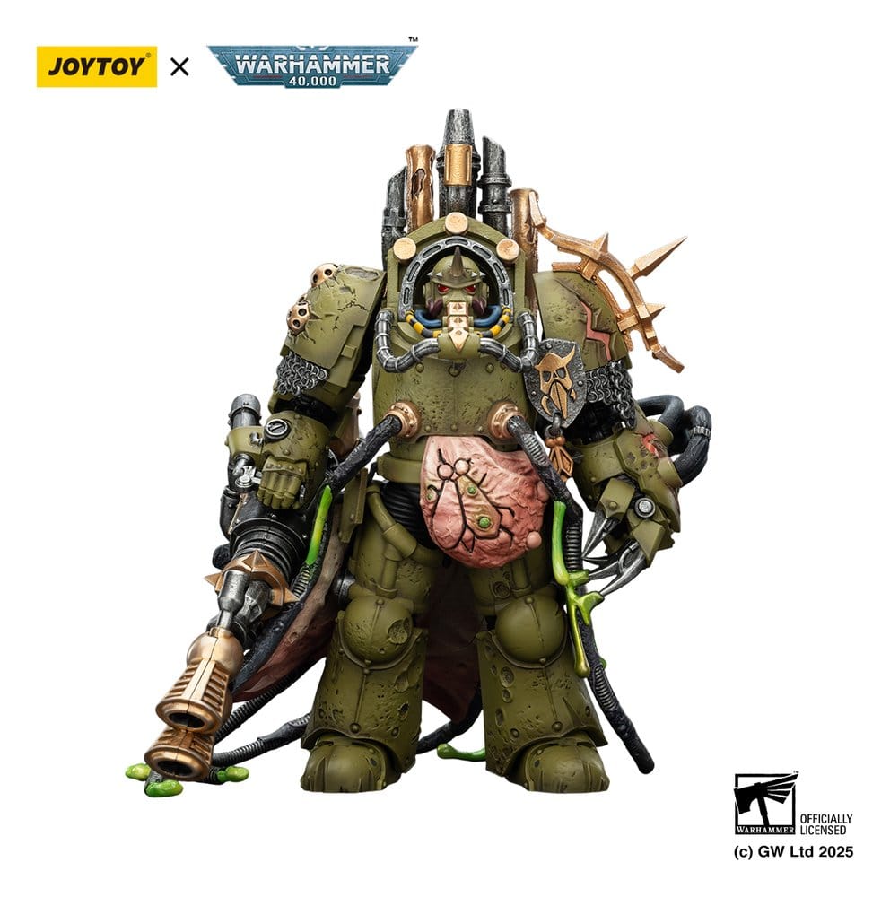 JoyToy Warhammer 40,000 Death Guard Lord of Virulence figure, front view with twin plague spewer, on white