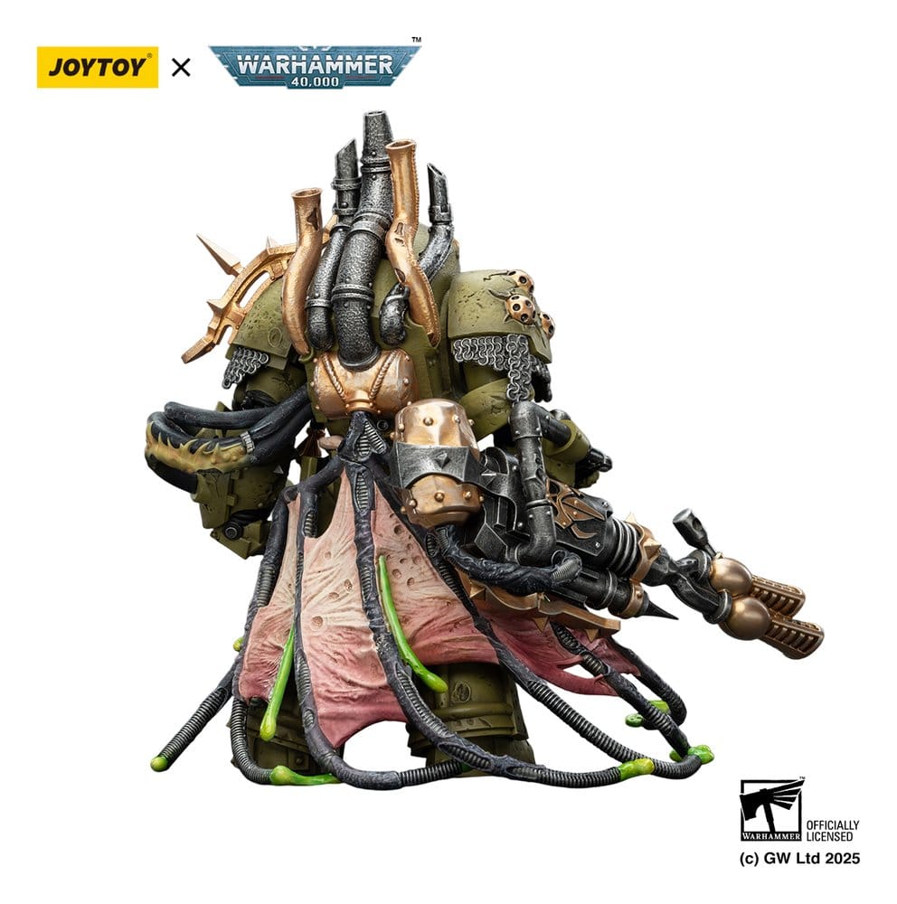 JoyToy Warhammer 40,000 Death Guard Lord of Virulence figure, rear view showing tubes and robes, on white